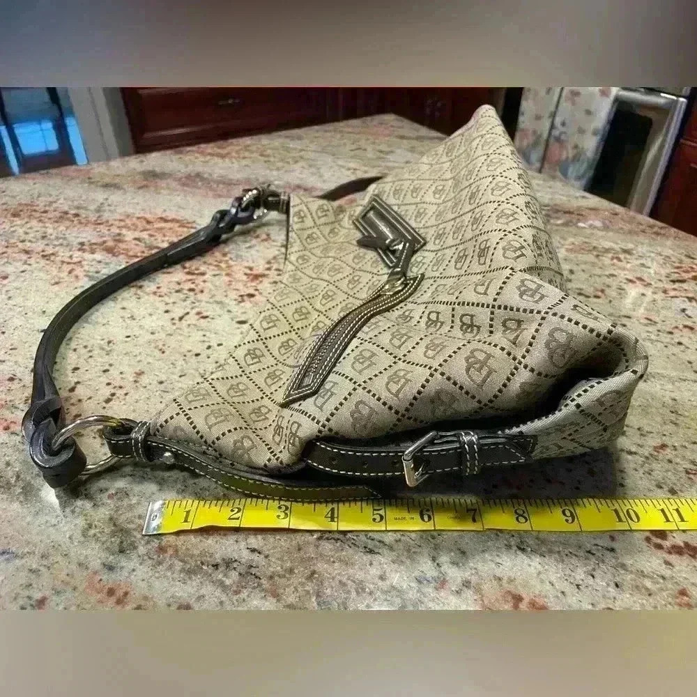 Dooney & Bourke Tan/Brown Jacquard DB Monogram Y2K Hobo Leather Shoulder Bag - Picture 14 of 16